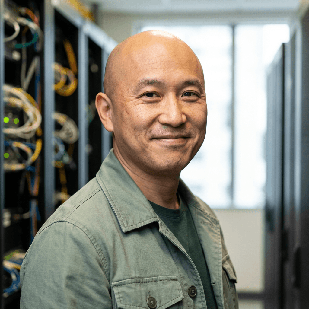 Marcus Chen standing in a warehouse office