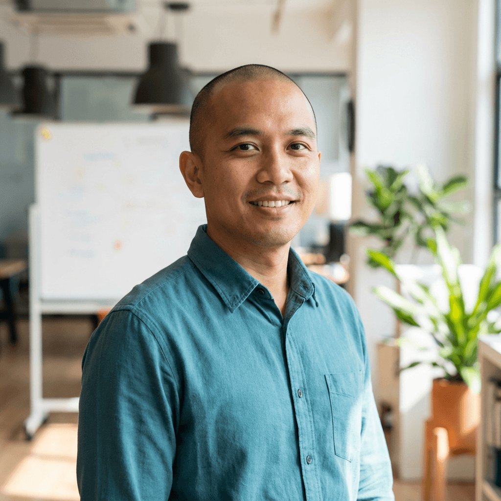 Male startup founder in his early 30s, East Asian, friendly headshot