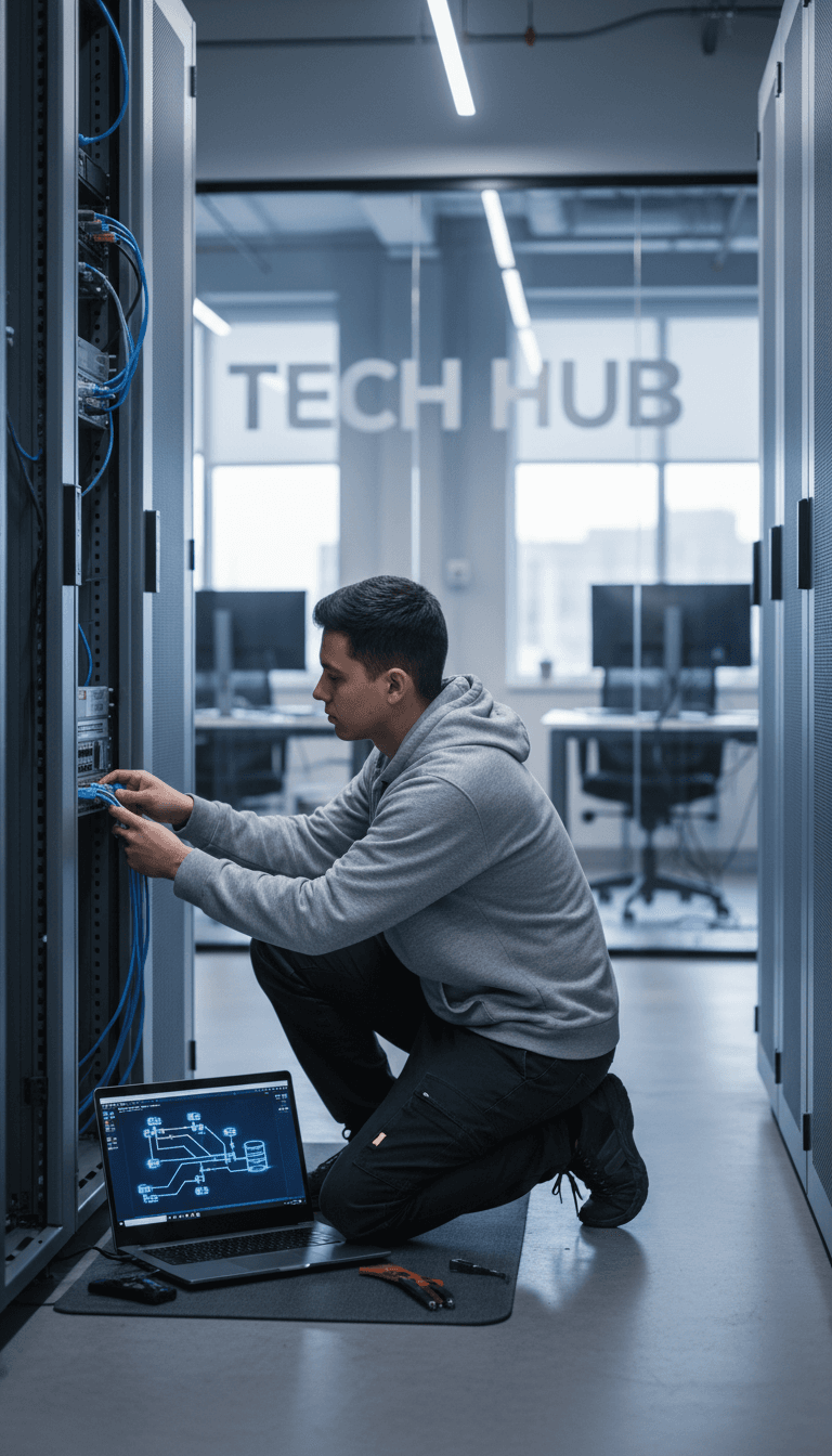 Technician installing network equipment in a Toronto office server room